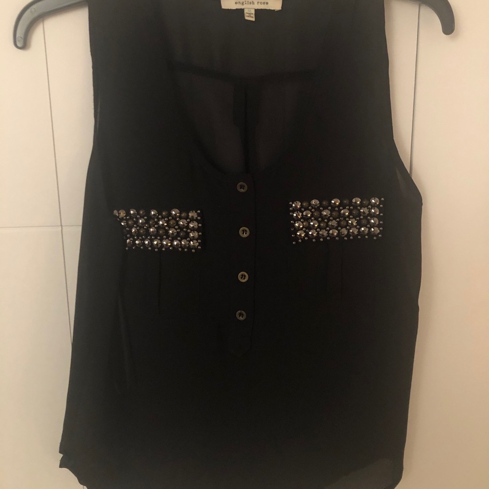 Black dress, sheer tank top, with beaded pockets
